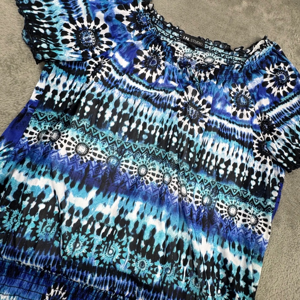 I.N.‎ Studio Blouse Womens XL Blue Tie Dye 90s Cottagecore Smocked Mesh Top Good